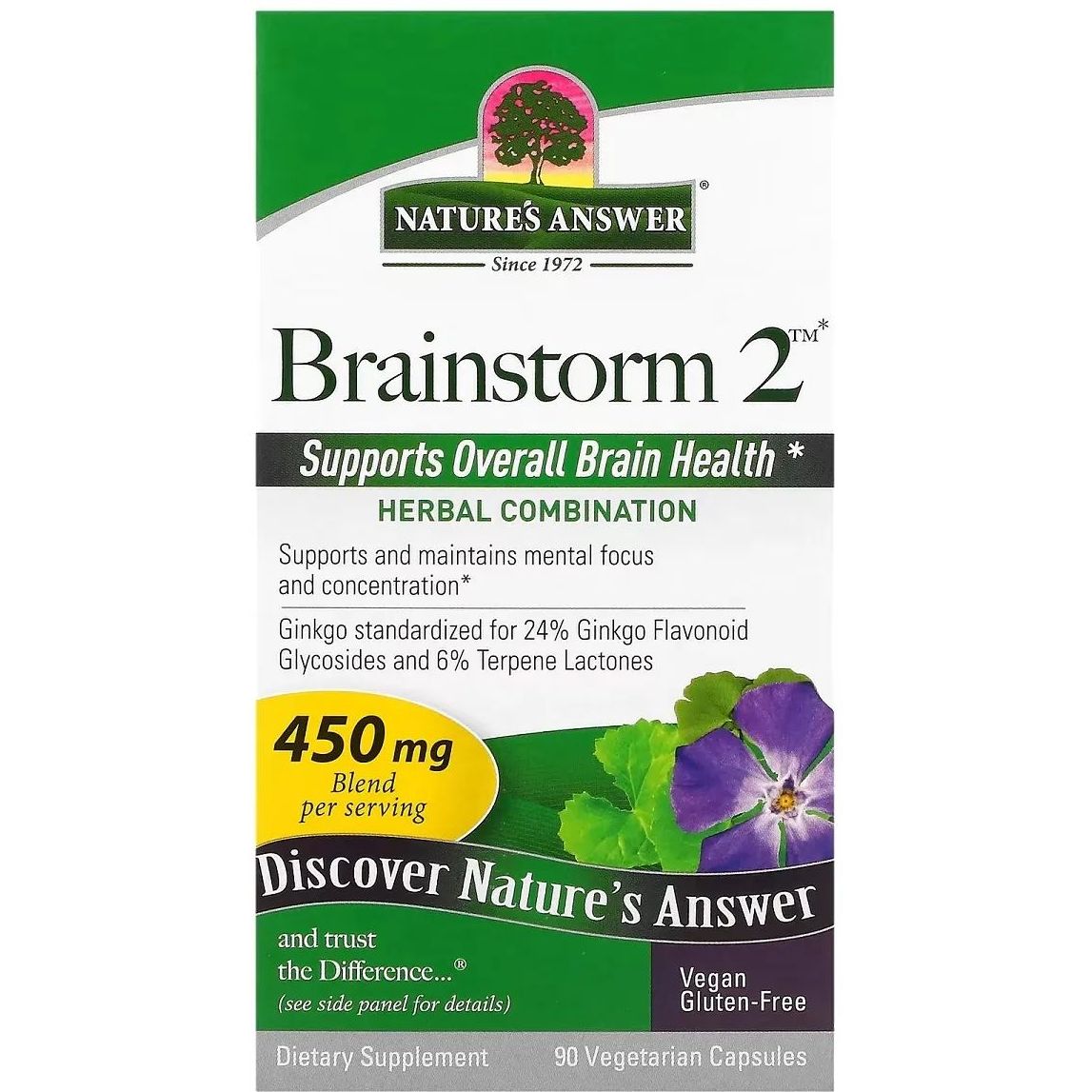 Трави для активності мозку Nature's Answer Brainstorm 2, 450 мг 90 вегетаріанських капсул - фото 2