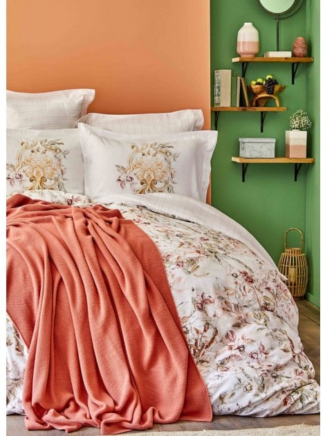 Набор постельное белье с пледом Karaca Home Elsira blush 2020-1, евро, персиковый, 7 предметов (svt-2000022238724) - фото 1