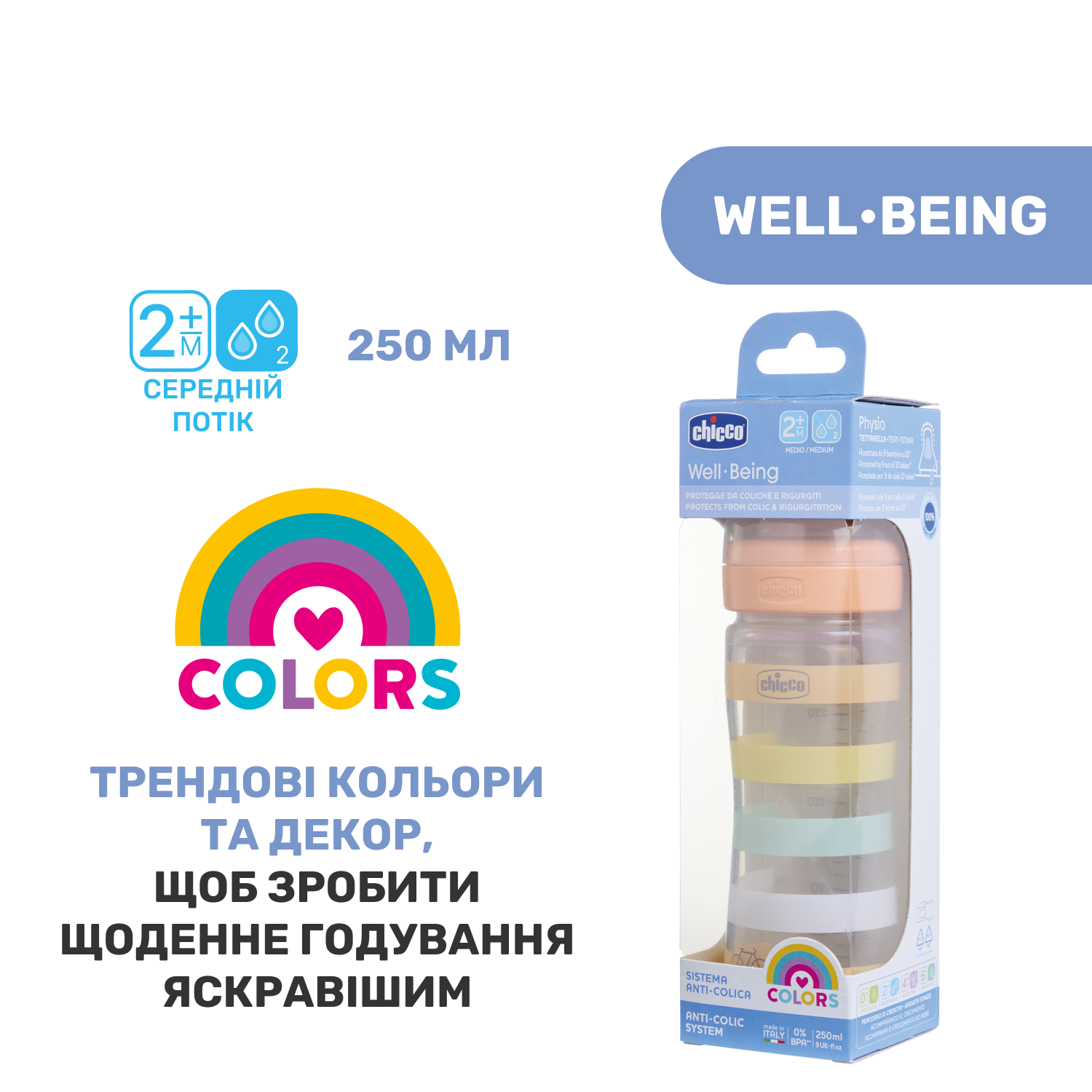 Пляшечка для годування Chicco Well-Being Colors, з силіконовою соскою 2м+, 250 мл, помаранчева (28623.31) - фото 8