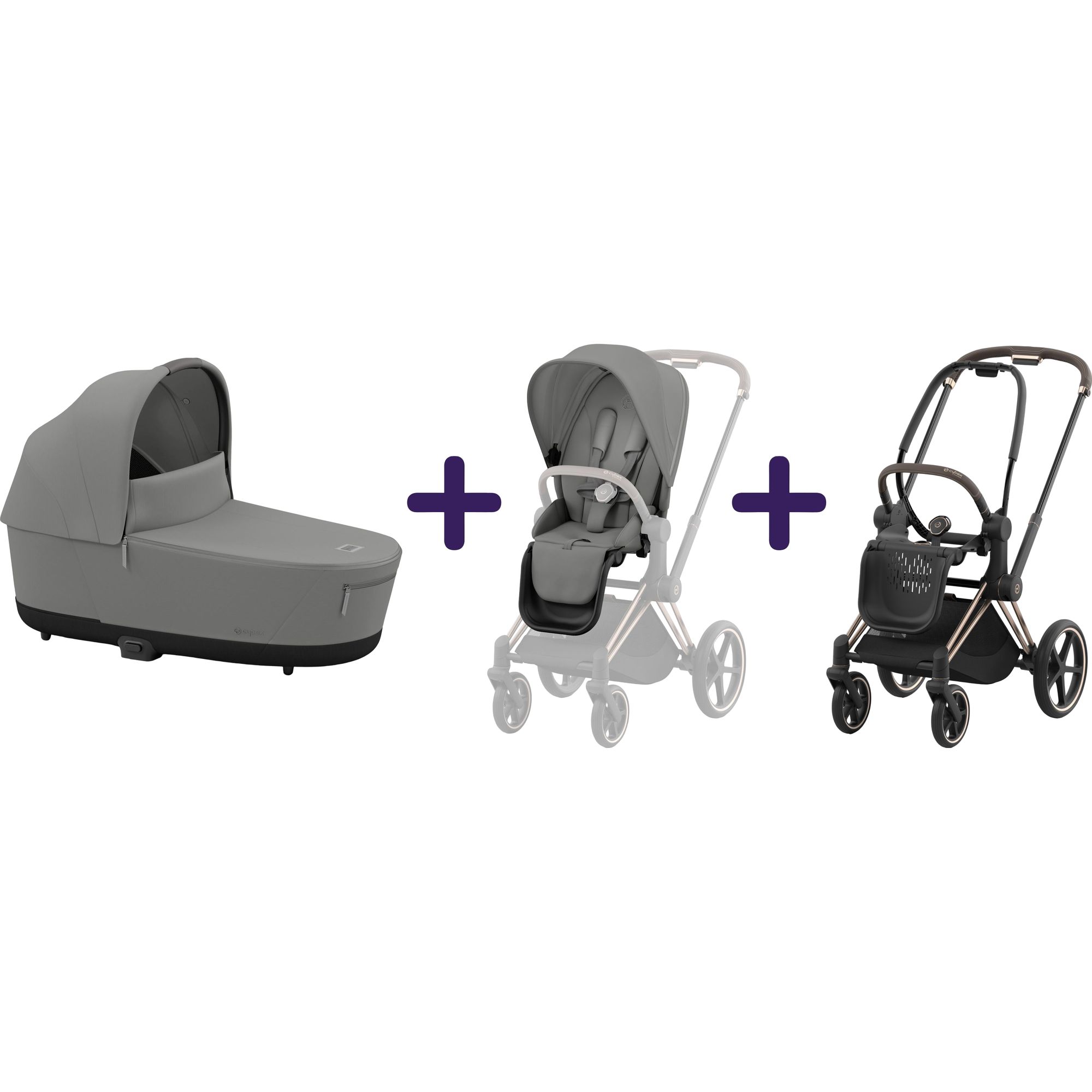 Люлька Cybex Priam Lux Mirage Grey + Текстиль для прогулочного блока Cybex Priam Mirage Grey + Шасси Cybex Priam с каркасом LS RBA Rosegold - фото 1