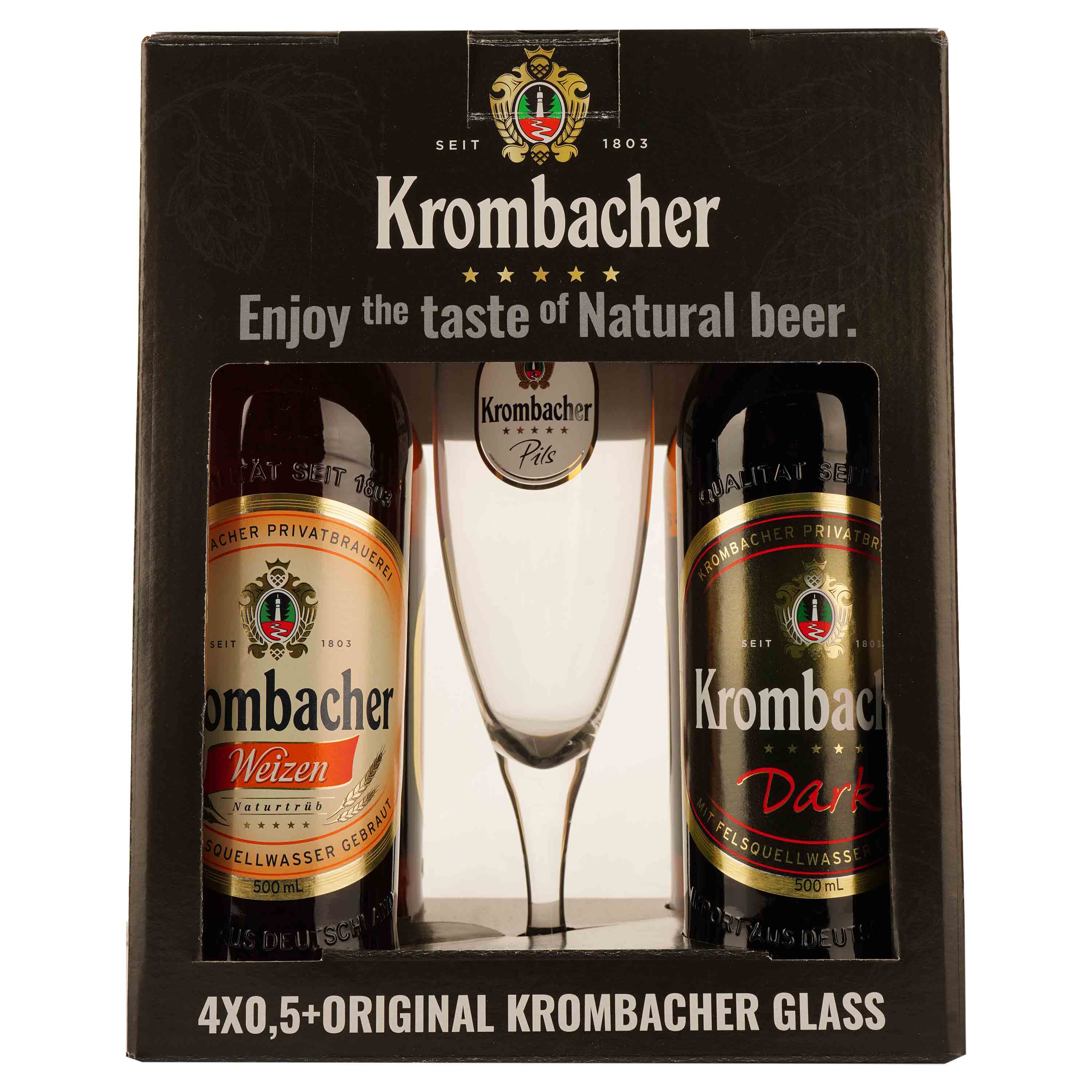 Набор пива Krombacher (Pils 2 шт. х 0.5 л, Dark 2 шт. х 0.5 л) + бокал - фото 1