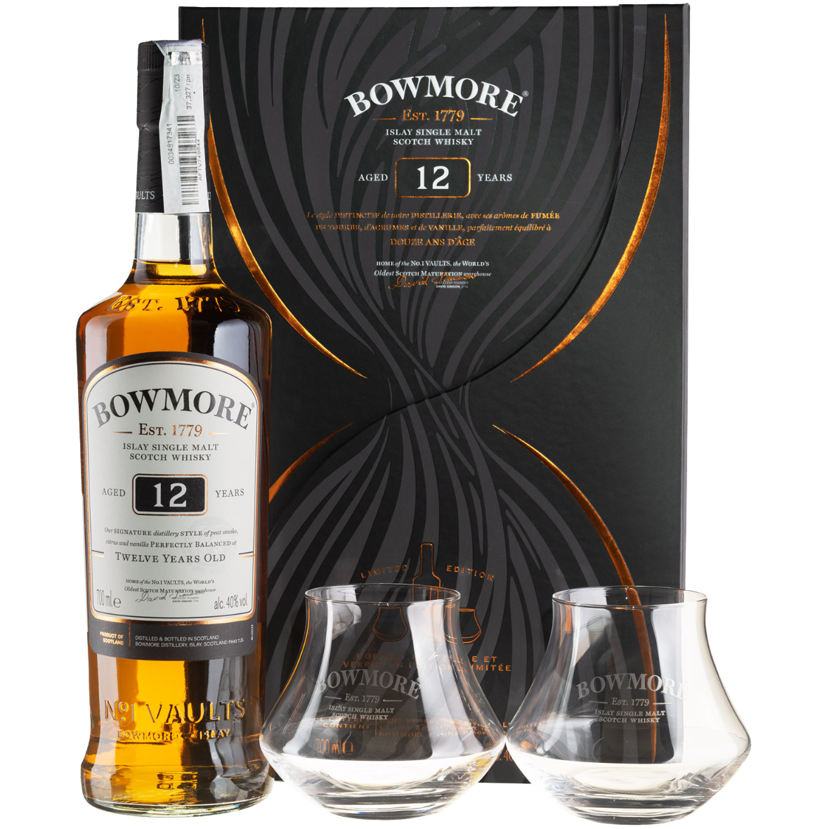 Виски Bowmore 12 yo Islay Single Malt Scotch Whisky 40% 0.7 л + 2 стакана - фото 1