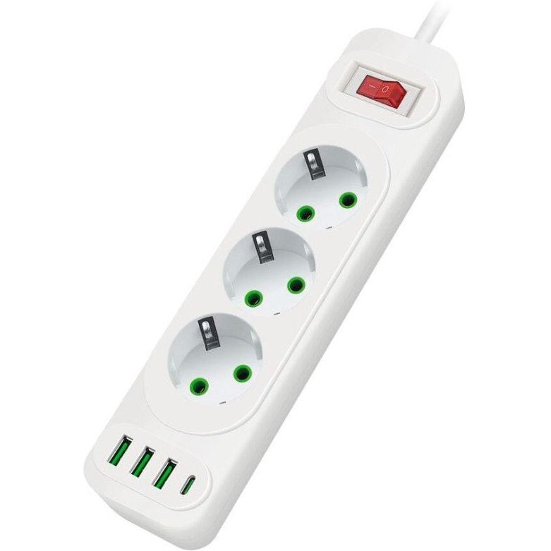 Сетевой фильтр удлинитель Voltronic F-23U 3 розетки EU+3xUSB+Type-C 2 м 3х0.75 мм 2500W White - фото 1