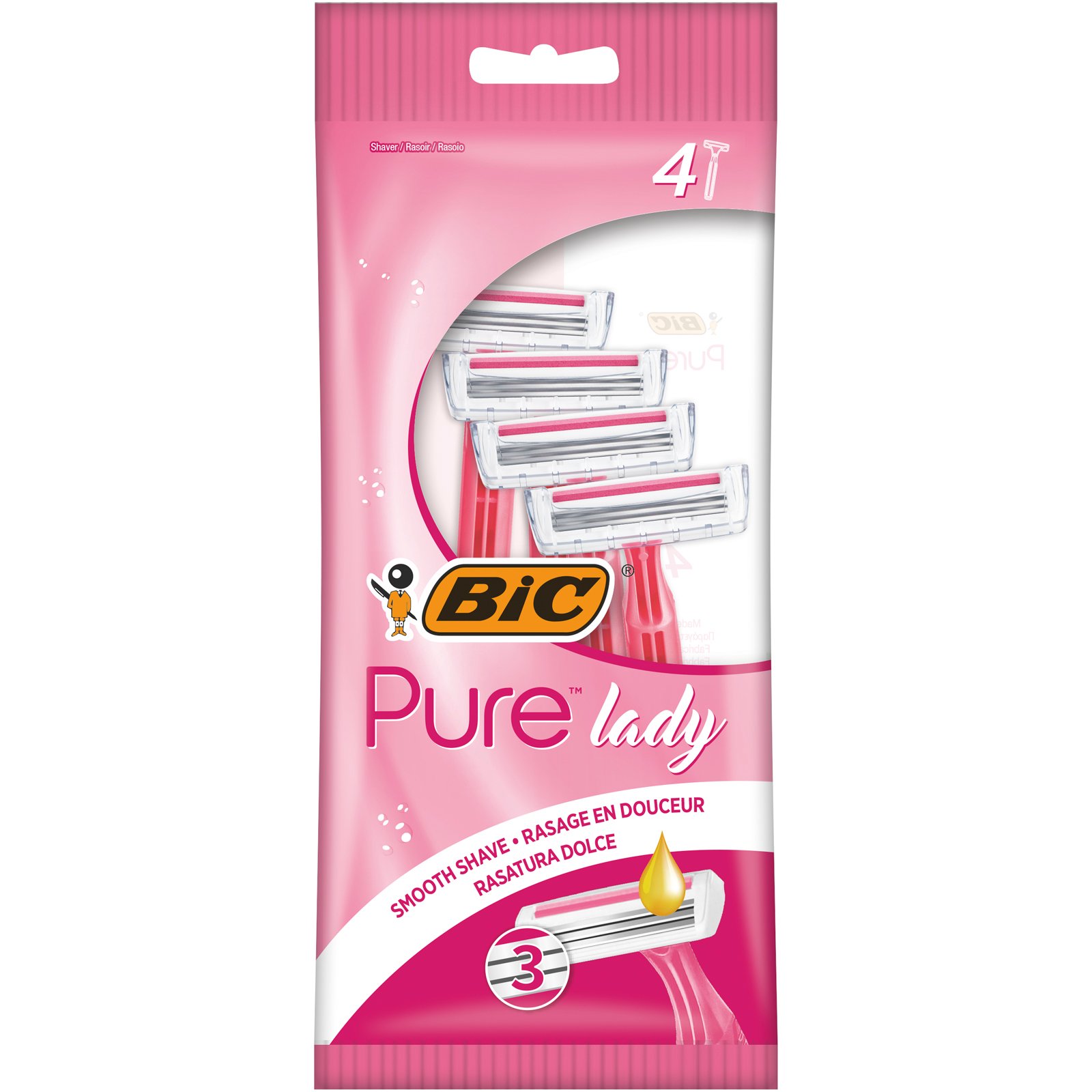 Бритва жіноча BIC Pure 3 Lady Pink, без змінних картриджів, 4 шт. - фото 1