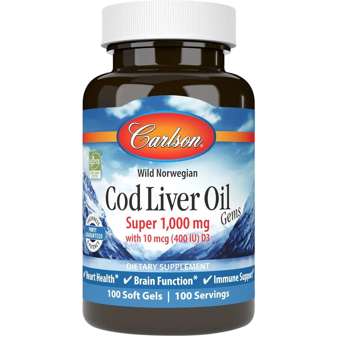 Жир из печени норвежской трески Carlson Cod Liver Oil 1000 мг 100 гелевых капсул - фото 1