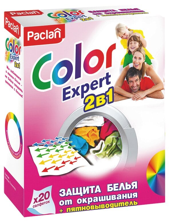 Серветки Paclan Color Expert 2 в 1, для запобігання фарбування білизни і засіб для виведення плям, 20 шт. - фото 1
