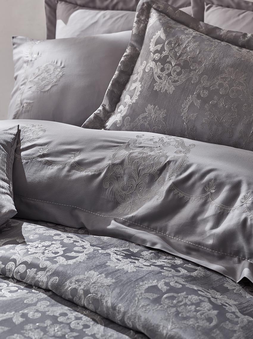 Комплект постельного белья Dantela Vita Nilda с вышивкой и жаккардовым покрывалом евро антрацит (svt-2000022312400) - фото 2