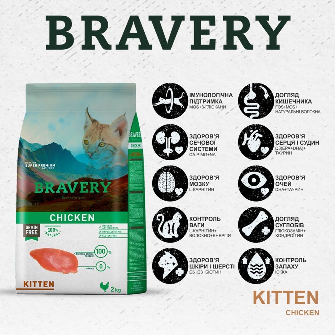 Сухой корм для котят Bravery Chicken Cat Kitten с курицей 600 г - фото 3