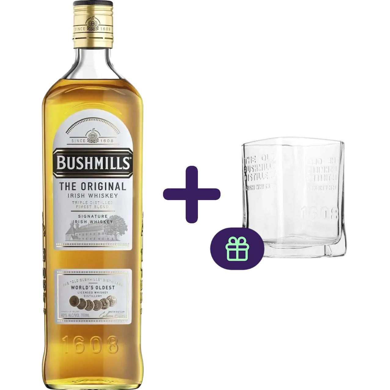 Набір: віскі Bushmills Original Whiskey  40% 0.7 л + склянка Old fashioned для віскі 250 мл - фото 1