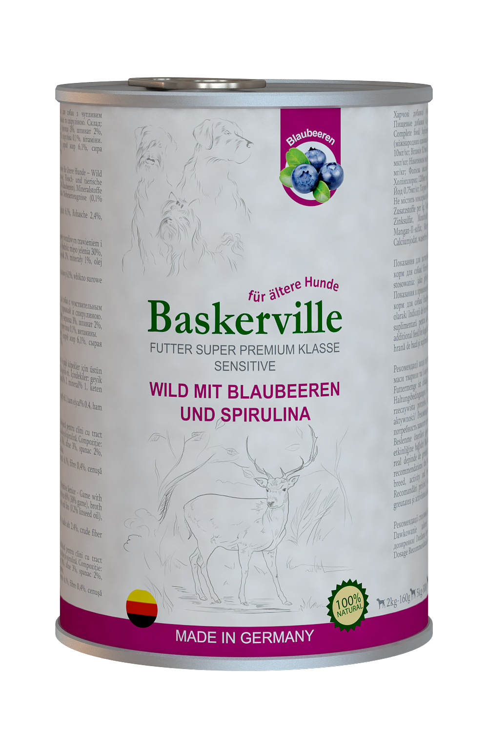 Влажный корм для собак Baskerville Sensitive Wild Mit Blaubeeren und Spirulina Оленина с черникой и спирулиной, 800 г - фото 1