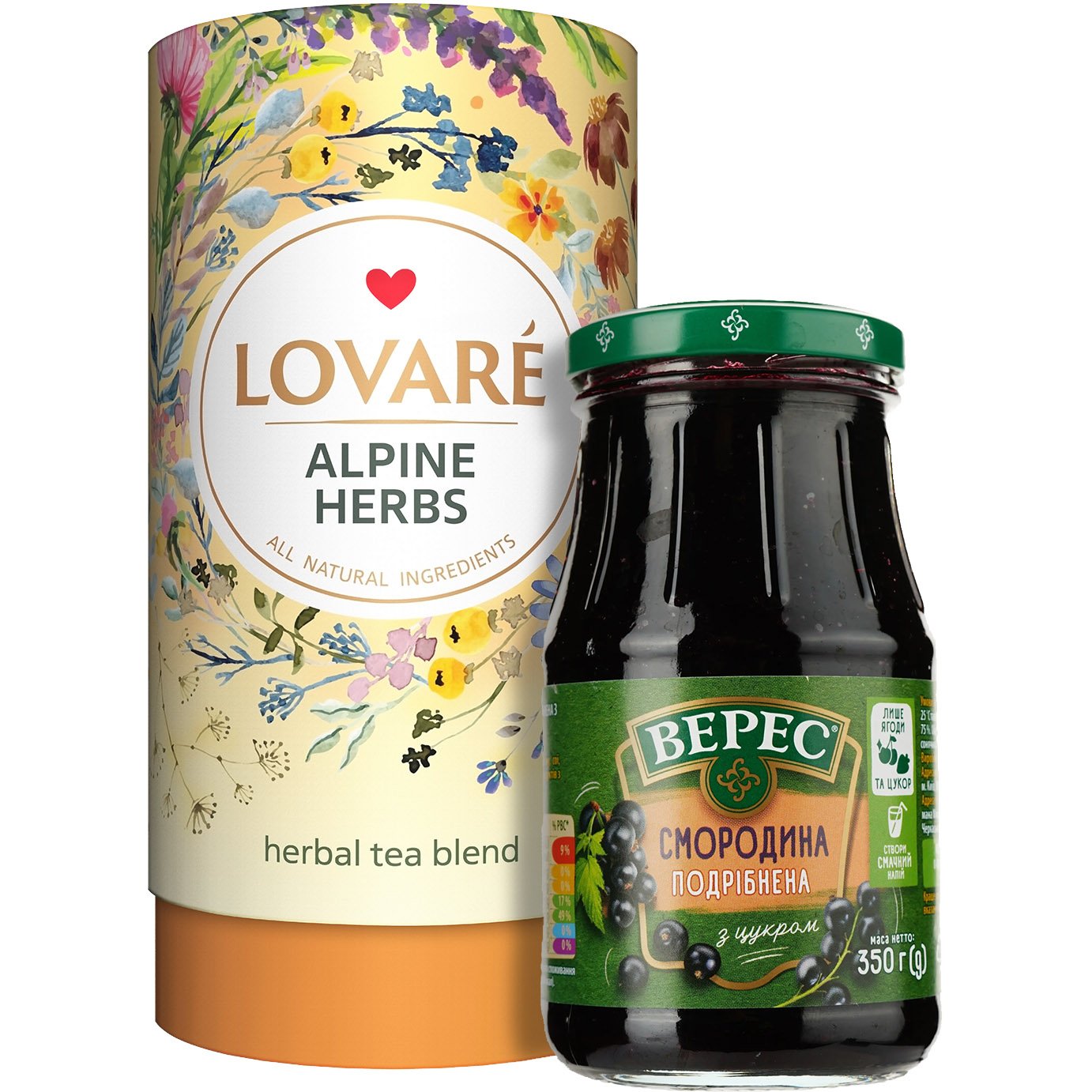 Набор: Смесь травяного чая Lovare Alpine Herbs 80 г + Джем Верес Черная смородина с сахаром 350 г - фото 1