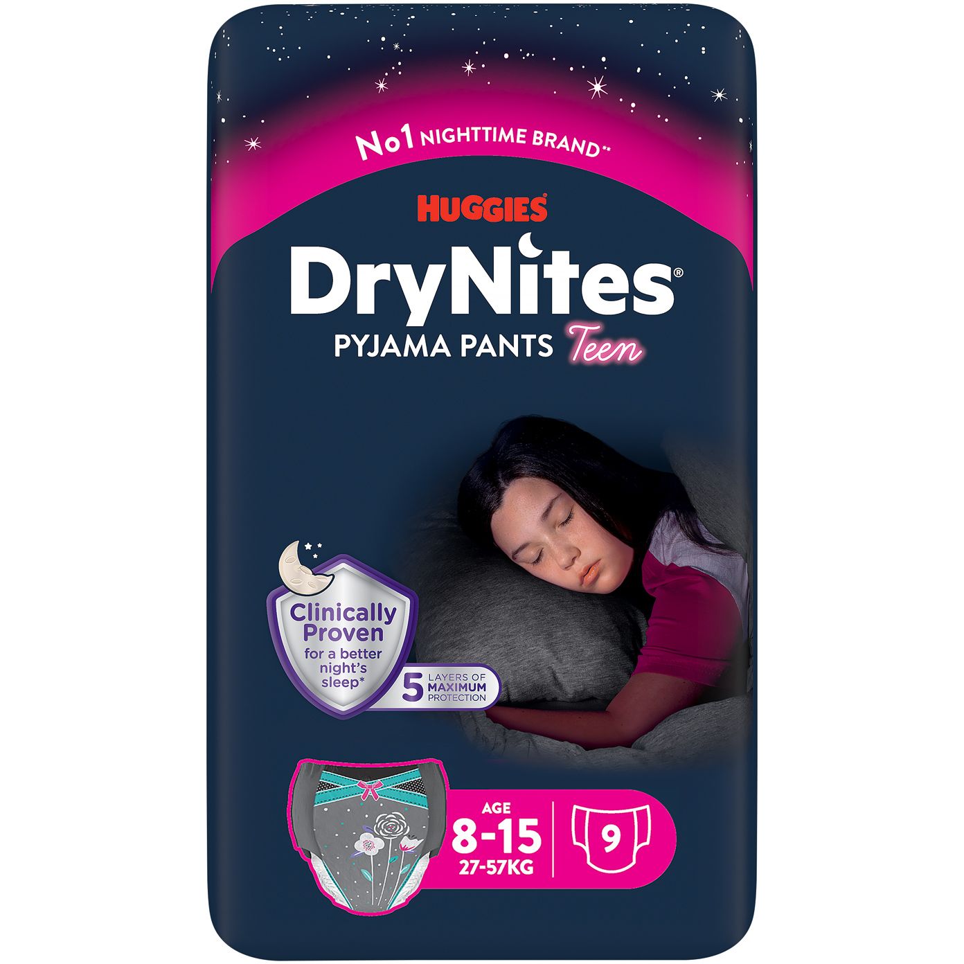 Подгузники-трусики для девочек Huggies DryNites (27-57 кг) 18 шт. (2 п. x 9 шт.) - фото 2