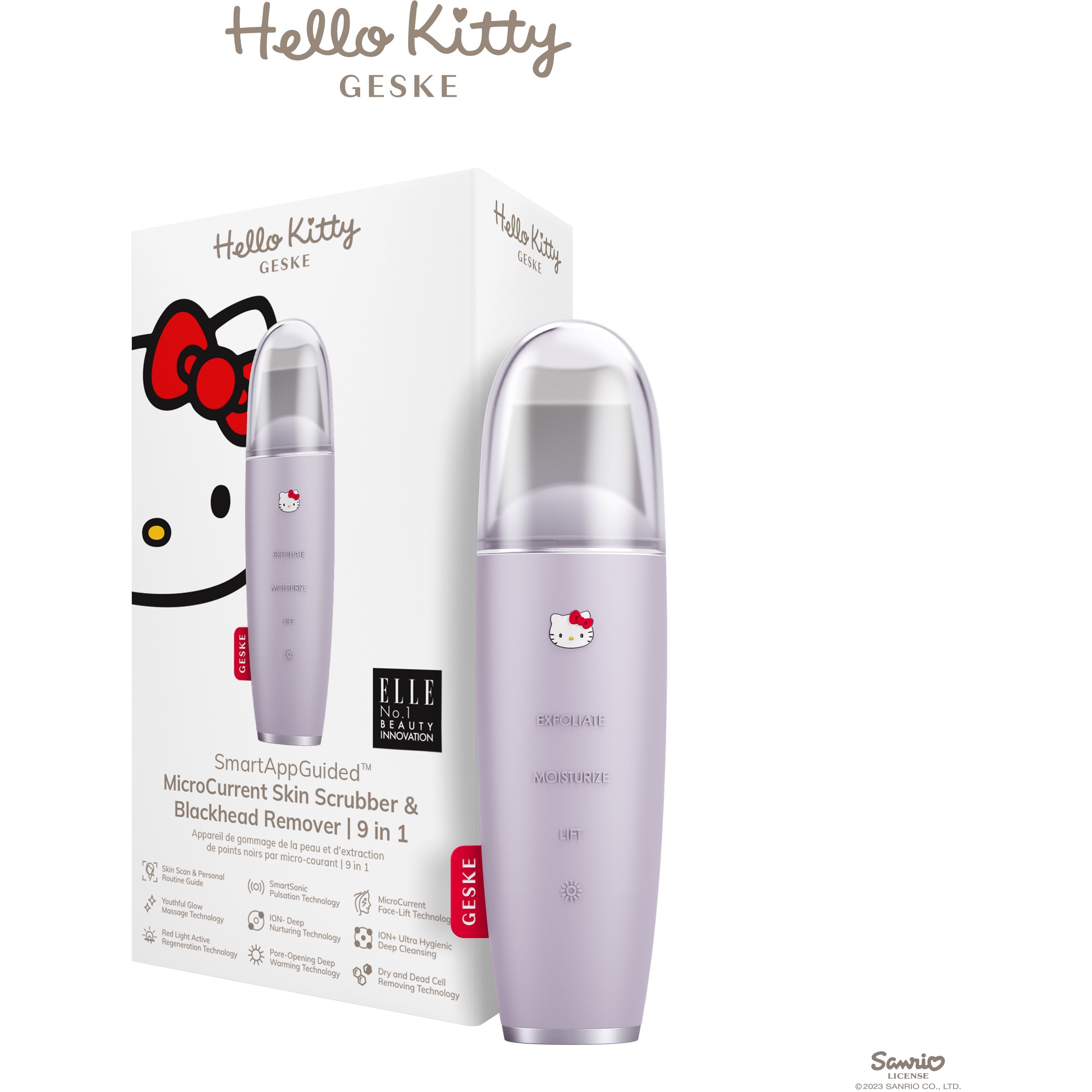 Микротоковый скрабер для кожи и устранения черных точек GESKE MicroCurrent Skin Scrubber & Blackhead Remover 9 в 1 Hello Kitty фиолетовый - фото 1