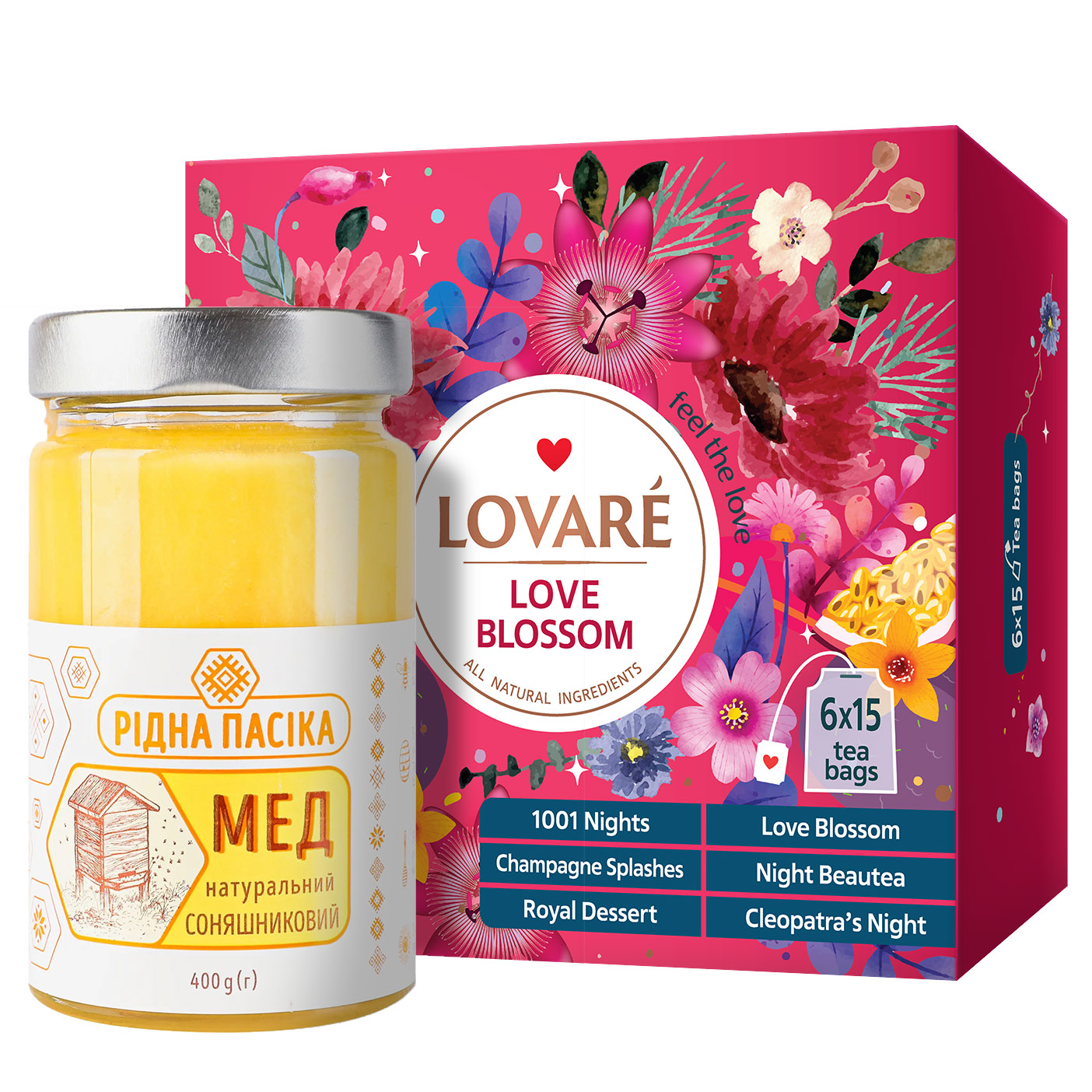 Набір: Чай асорті Lovare Love Blossom 180 г (90 шт. x 2 г) + Мед соняшниковий Рідна пасіка натуральний 400 г - фото 1