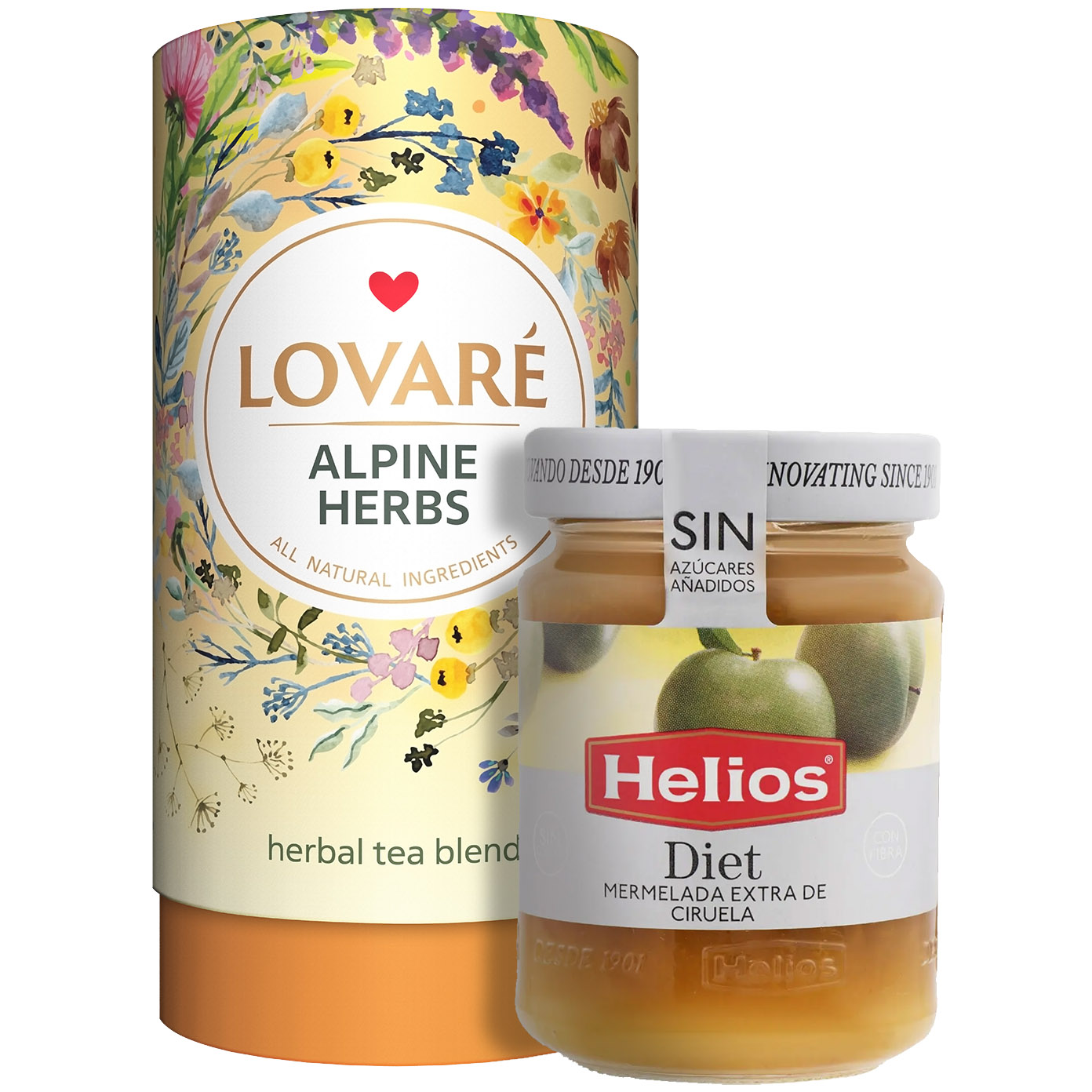 Набір: Суміш трав'яного чаю Lovare Alpine Herbs 80 г + Джем Helios Diet із зелених слив без цукру 280 г - фото 1