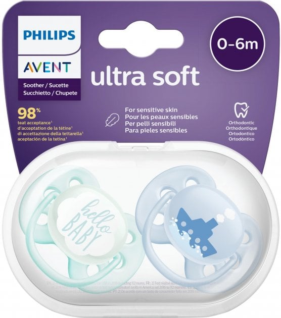 Пустышка Philips Avent Ultra Soft для мальчика, 0-6 месяцев, 2 шт. (SCF222/01) - фото 2