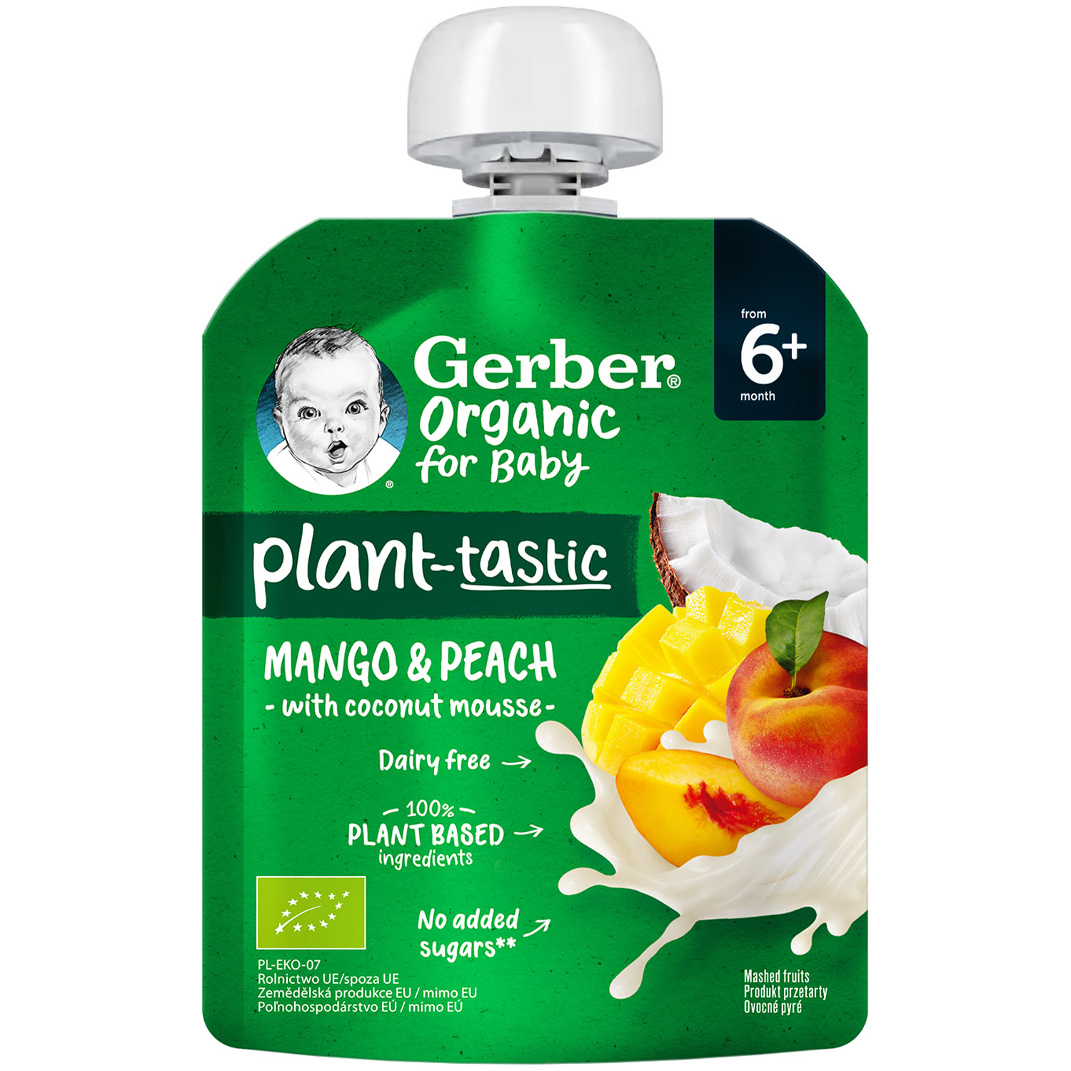 Пюре Gerber Organic з манго, персиком та кокосовим мусом для дітей від 6 місяців 80 г - фото 1