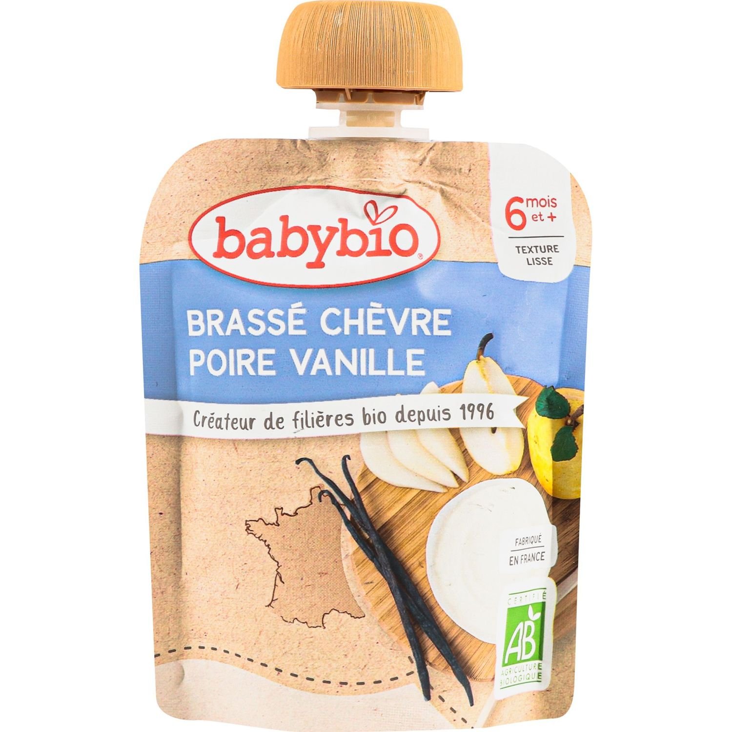 Фото - Дитяче харчування Babybio Органічне молочне пюре  з козячого молока з грушею та ваніллю 85 г 