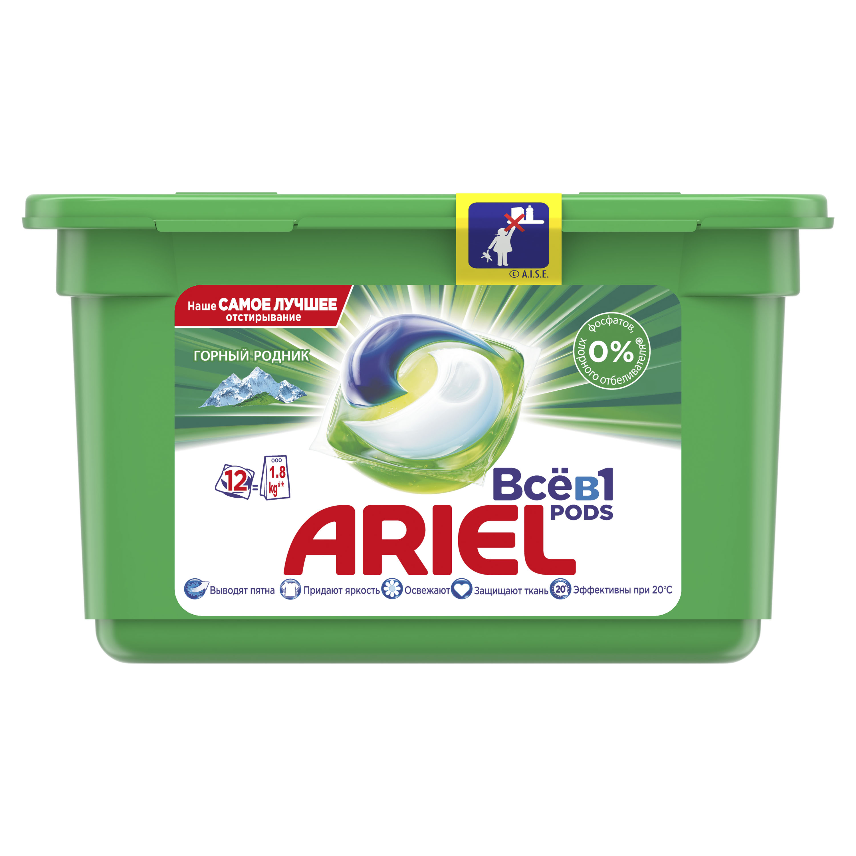 Капсули для прання Ariel Pods Все-в-1 Гірське Джерело, для білих і кольорових тканин, 12 шт. - фото 1
