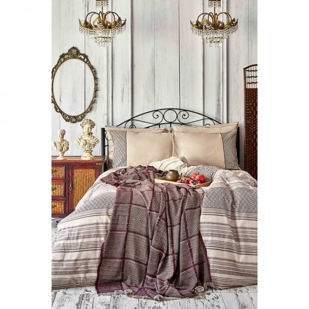 Набор постельного белья с покрывалом Karaca Home Sadra bordo 2020-1, евро, бордовый, 5 предметов (svt-2000022238793) - фото 1