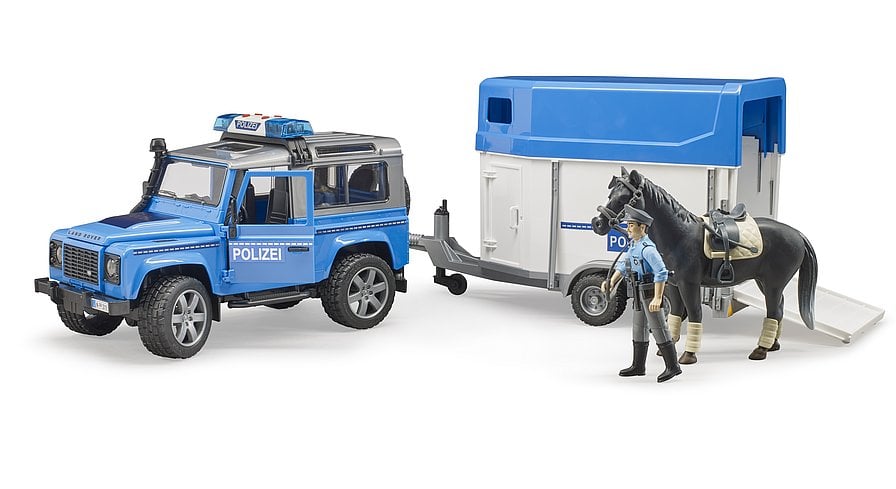 Джип Bruder Land Rover Defender, з причепом і фігуркою поліцейського та коня, синій (02588) - фото 1