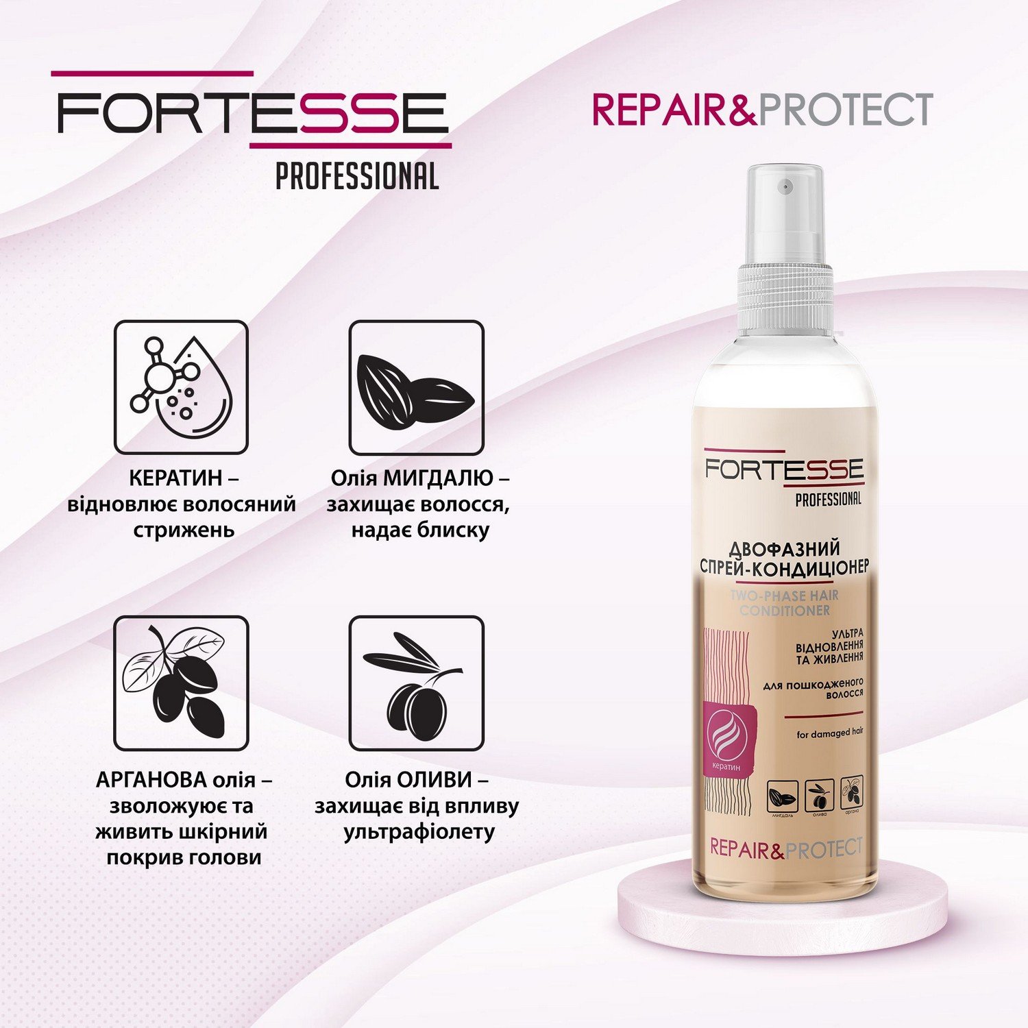Двофазний спрей-кондиціонер Fortesse Professional Repair&Protect Ультравідновлення та живлення, для пошкодженого волосся, 250 мл - фото 6
