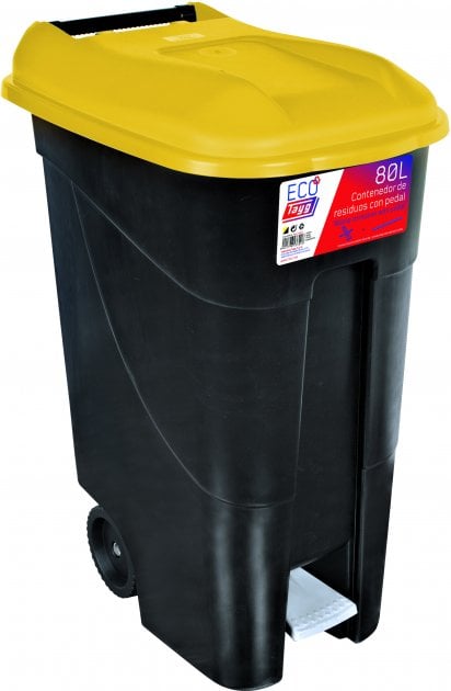 Бак-контейнер для мусора на колесах Tayg Eco, 80 л, с педалью, с крышкой и ручкой, черный с желтым (433016) - фото 1