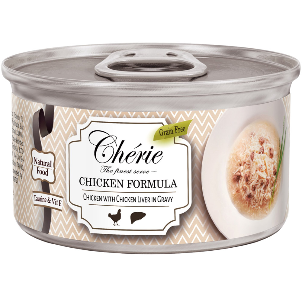 Вологий корм для котів Cherie Chicken Formula зі шматочками м'яса курки та курячої печінки в соусі 80 г - фото 1