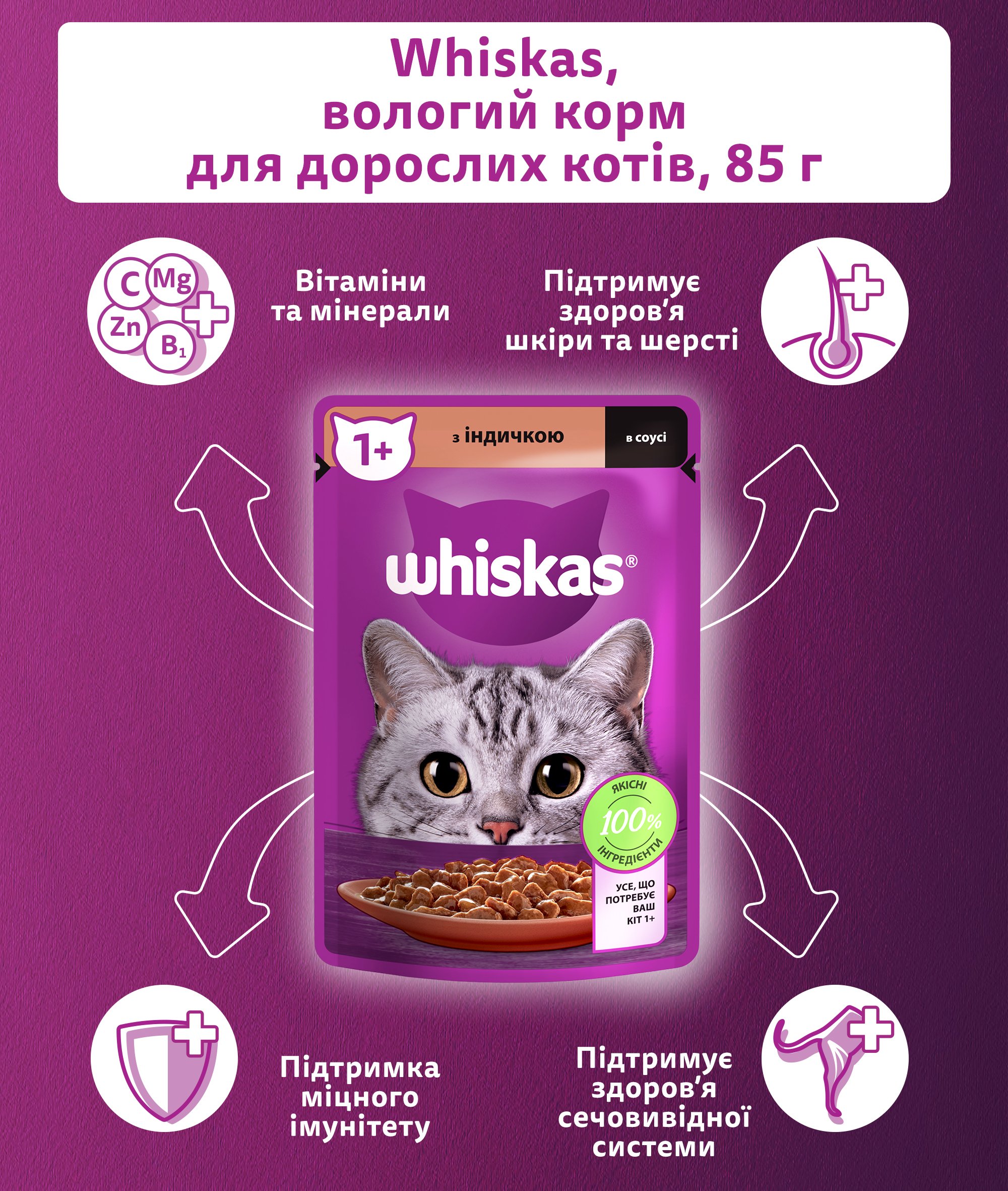 Влажный корм для кошек Whiskas, с индейкой в соусе, 85 г - фото 4