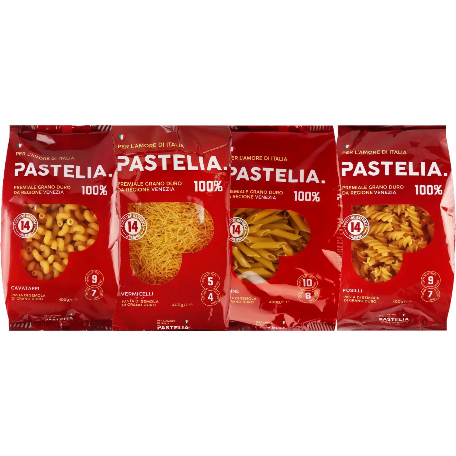 Набор макаронных изделий Pastelia Vermicelli 400 г + Cavatappi 400 г + Fusilli 400 г + Перья 400 г - фото 1