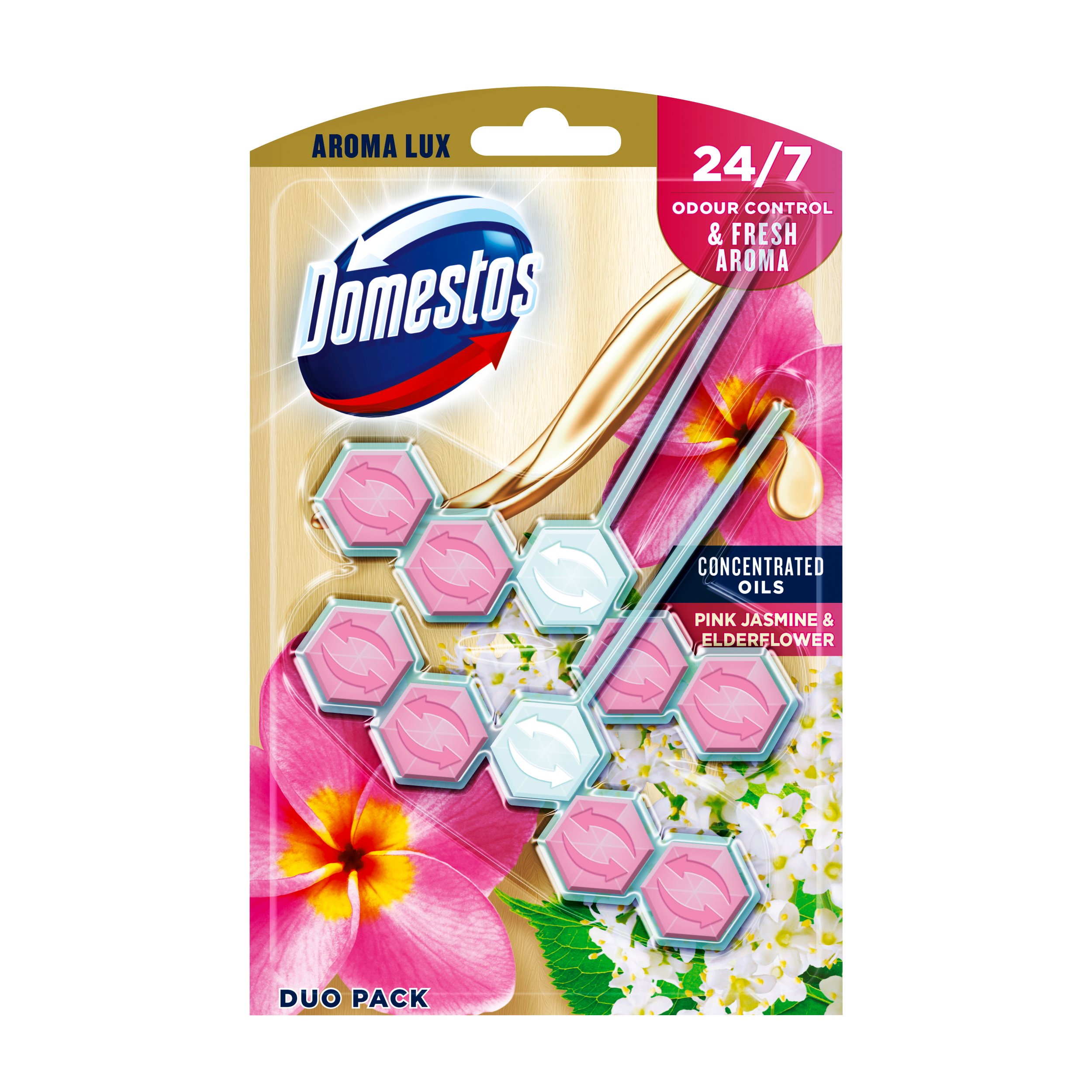 Блок для чищення унітазу Domestos Aroma Lux Свіжість рожевого жасмину та квітів бузини, 110 г (2 шт по 55 г) - фото 1