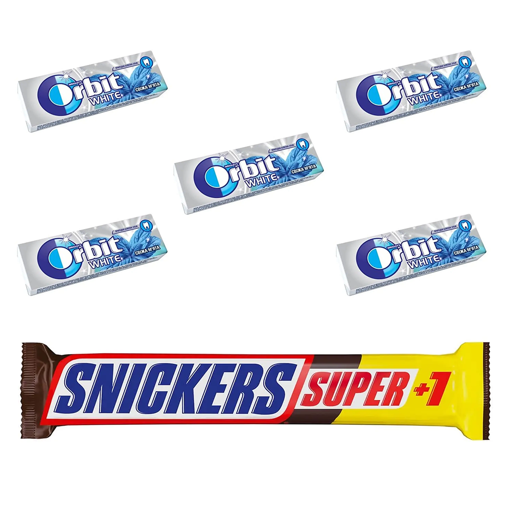 Набор: батончик Snickers Super+1 с арахисом 112 г + резинка жевательная Orbit Белоснежный Свежая мята 14 г 5 шт. - фото 1
