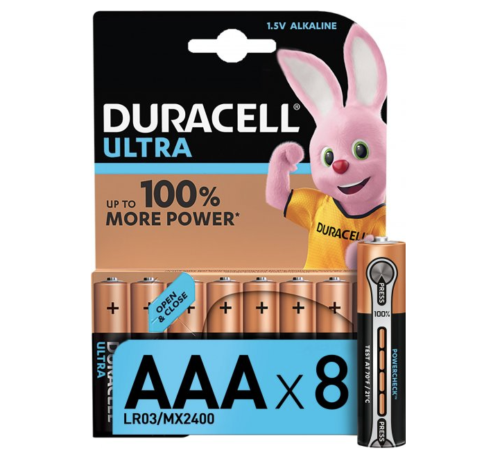 Щелочные батарейки мизинчиковые Duracell Ultra 1,5 V AAA LR03/MX2400, 8 шт. (5004808) - фото 1