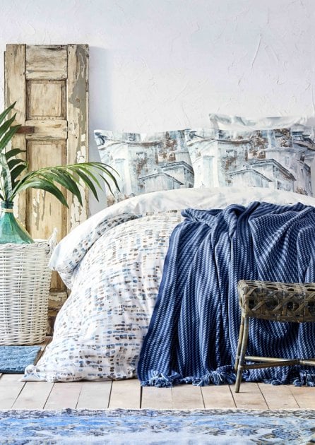 Набор постельное белье с пледом Karaca Home Vella mavi 2020-1, евро, голубой, 5 предметов (svt-2000022230896) - фото 1