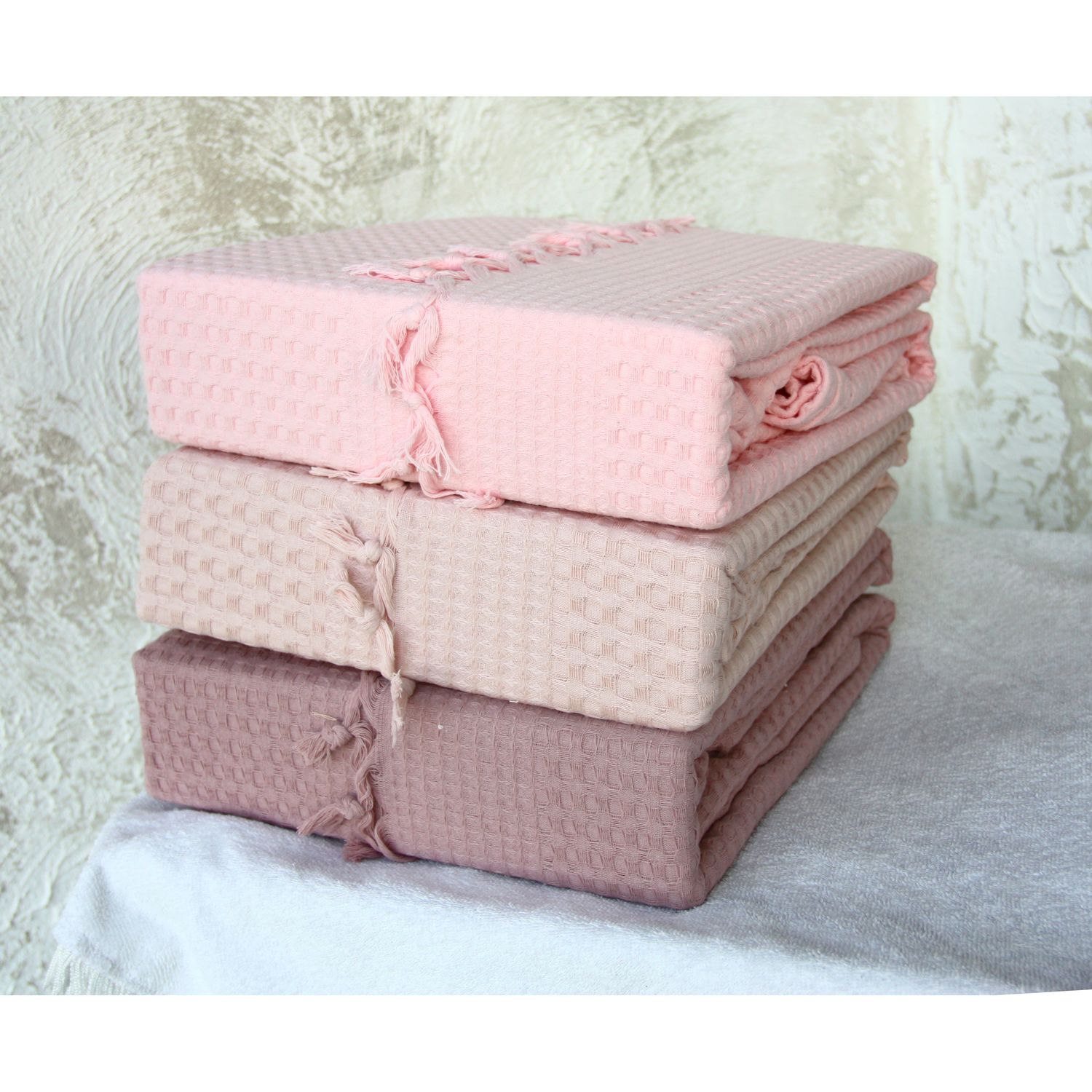 Покривало-плед с бахромой Izzihome Checkers, пике, 240х220 см, нежно-розовый (602541) - фото 7