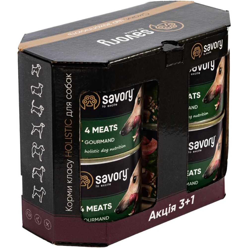 Набор влажных кормов для взрослых собак Savory Gourmand 3+1 с четырьмя видами мяса 800 г (4 шт. х 200 г) - фото 1