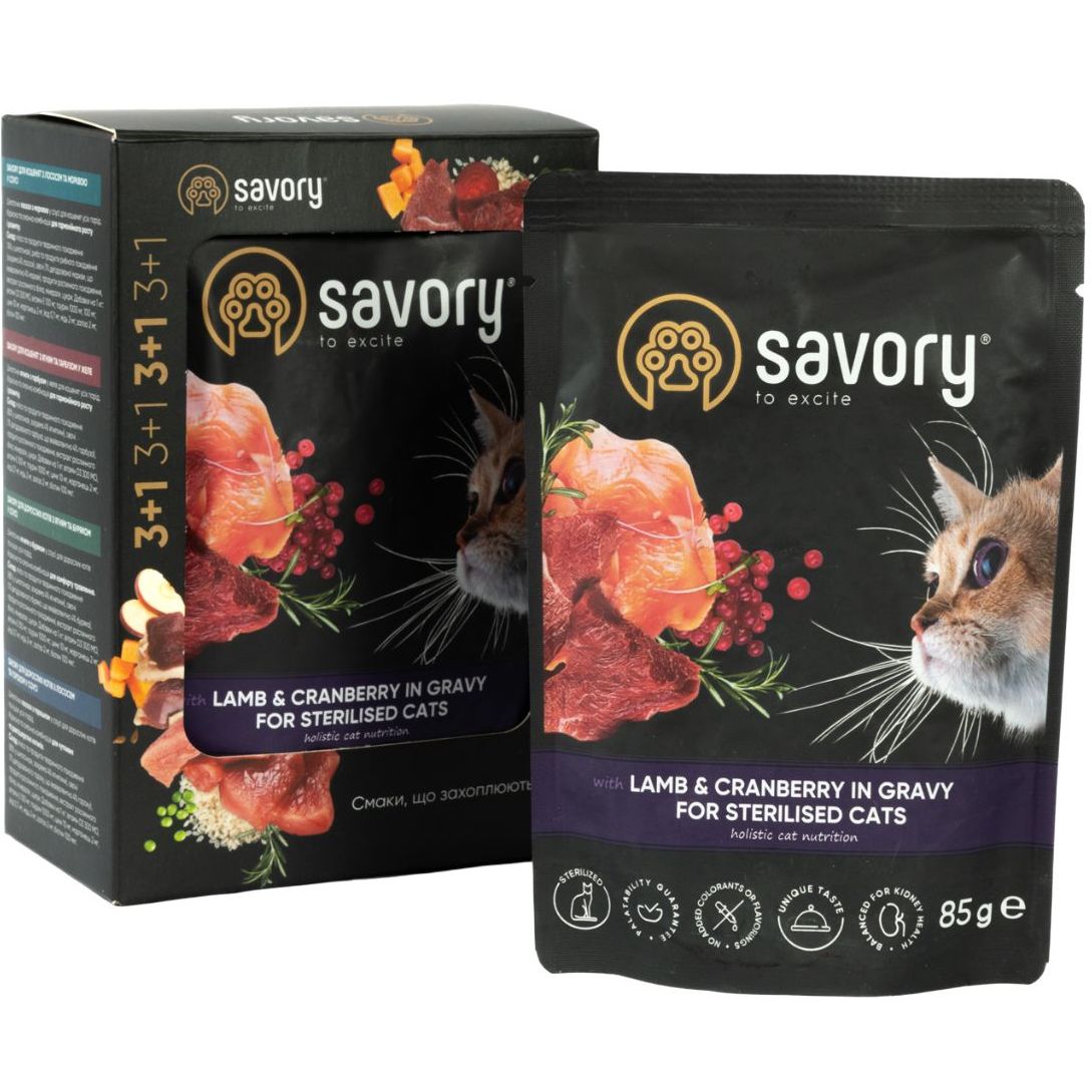 Набір вологих кормів Savory 3+1 для стерилізованих котів, ягня з журавлиною у соусі 340 г (4 шт. х 85 г) - фото 1