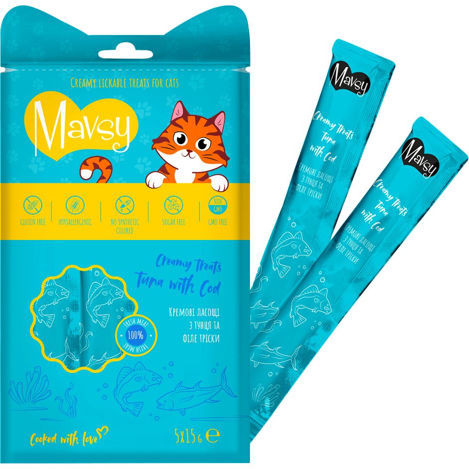 Лакомство для кошек Mavsy Creamy Treats Tuna with Cod с тунцем и треской 75 г (5 шт. х 15 г) - фото 1