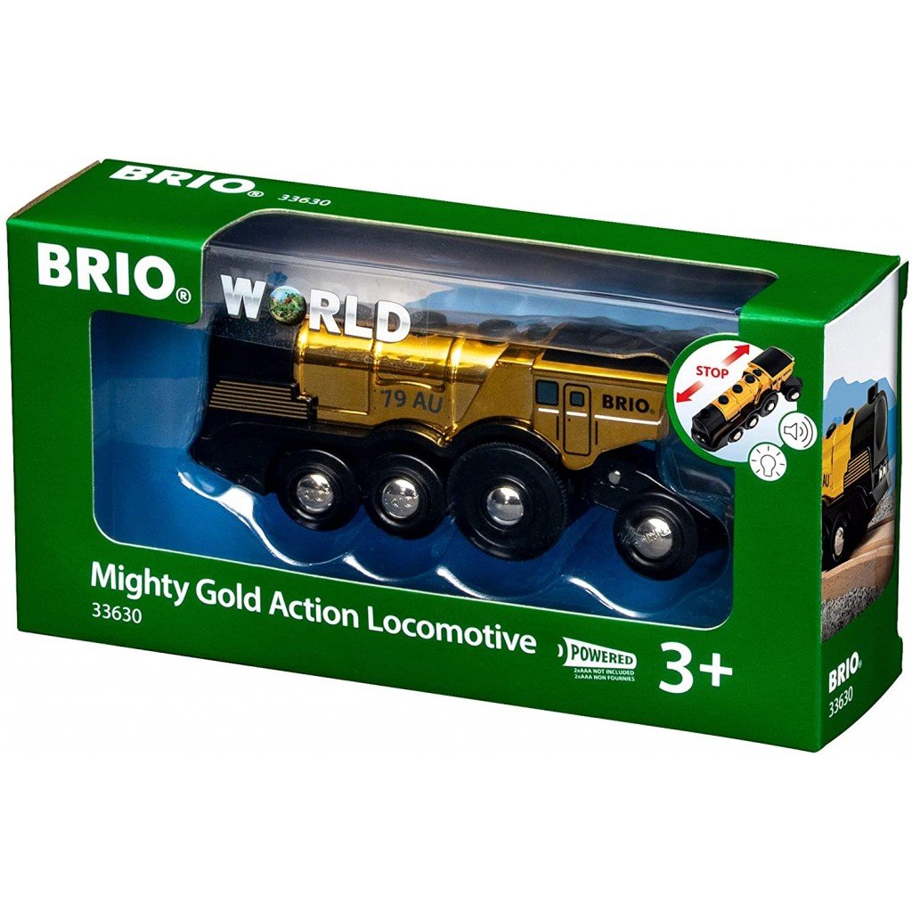 Могутній золотий локомотив для залізниці Brio на батарейках (33630) - фото 1