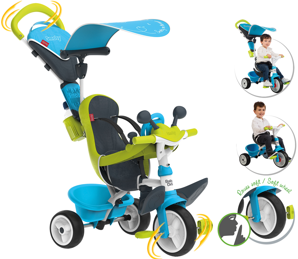 Триколісний велосипед Smoby Toys Бебі Драйвер з козирком і багажником, блакитно-зелений (741200) - фото 3