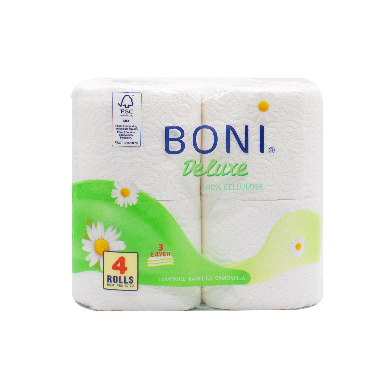 Туалетний папір Boni DeLuxe Ромашка, тришаровий, 4 рулони - фото 1