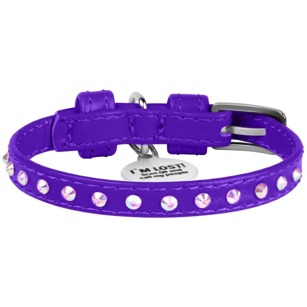 Ошейник для собак Waudog Glamour, кожаный, со стразами, с QR паспортом, XS, 19-25х0,9 см, фиолетовый - фото 1