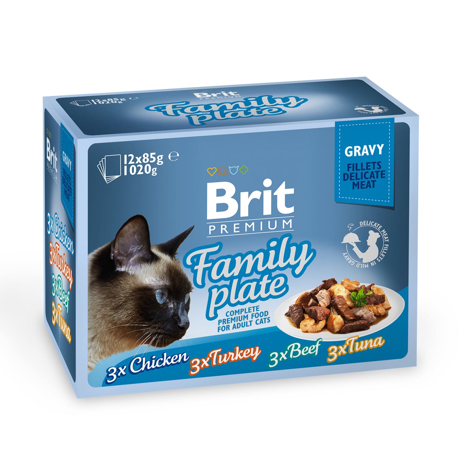 Набір вологих кормів для дорослих котів Brit Premium Cat pouch Сімейна тарілка в соусі, 1020 р (12 уп. х 85 г) - фото 1