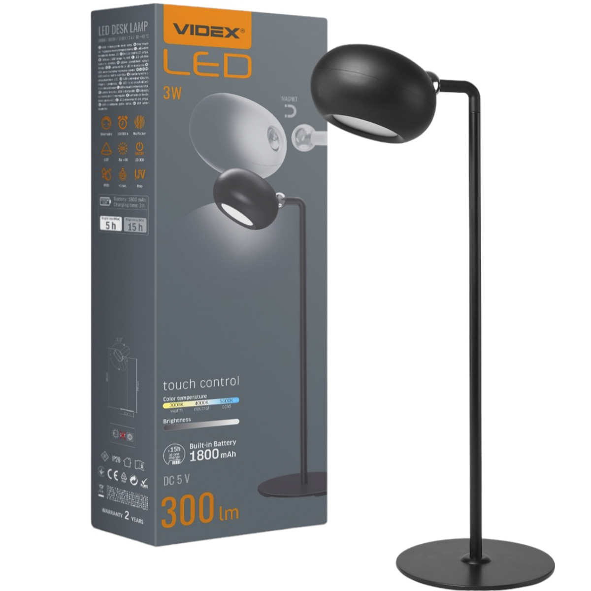 Настольная лампа Videx LED VLE-TF18B 3W 3000-5500K с аккумулятором черная (VLE-TF18B) - фото 1