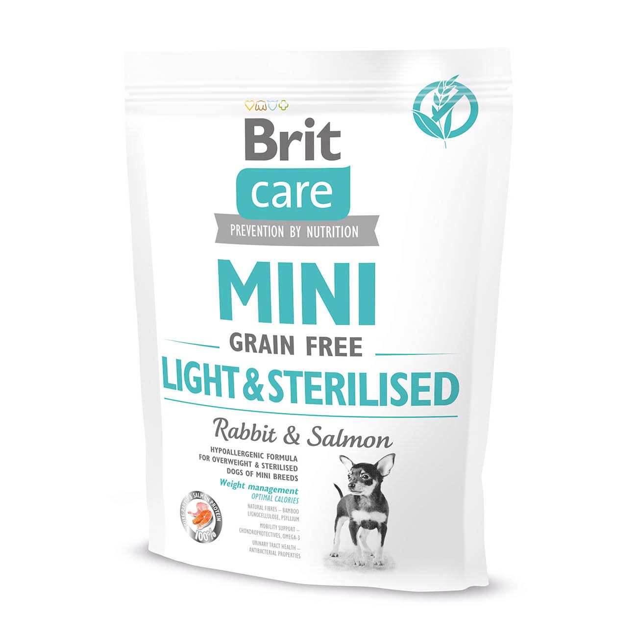 Беззерновий сухий корм для собак мініатюрних порід з надмірною вагою або стерилізованих Brit Care GF Mini Light&Sterilised, з лососем і кроликом, 0,4 кг - фото 1