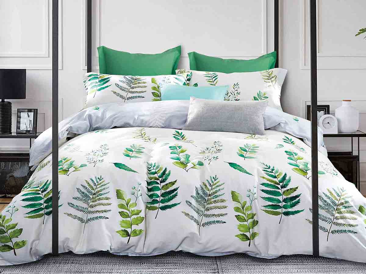 Комплект постельного белья Ecotton, семейный, сатин, белый с зеленым (23741) - фото 1