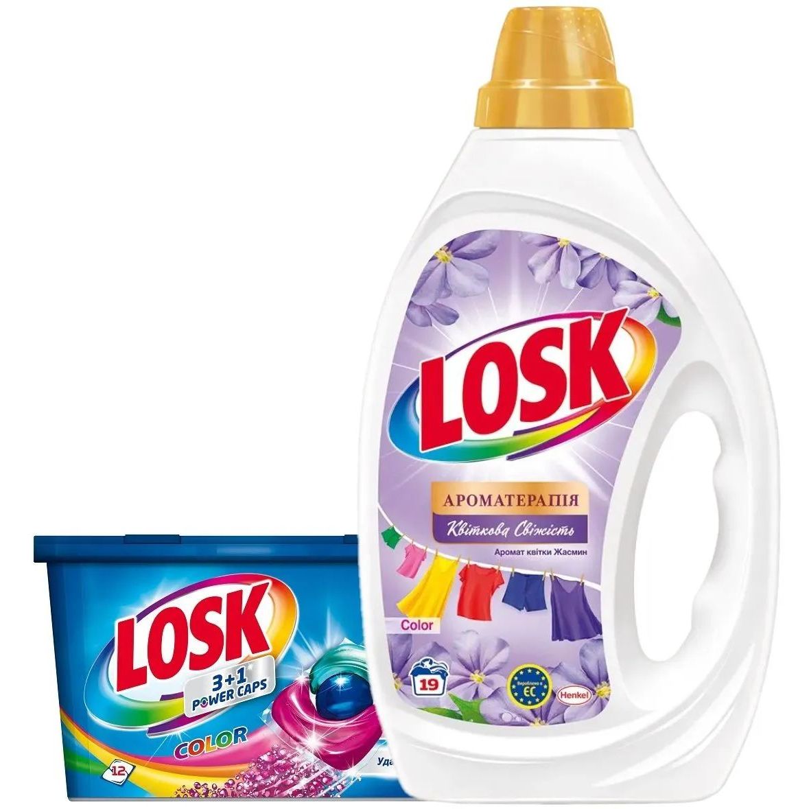 Набор Losk: Капсулы для стирки Losk Color 3в1, 12 шт. + Гель для стирки Losk Color Ароматерапия Эфирные масла и аромат цветка Жасмина, 855 мл - фото 1