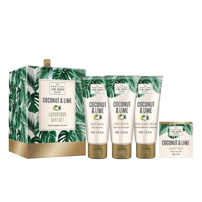 Подарочный набор Scottish Fine Soaps Coconut&Lime Luxurious Gift Set: Крем для душа, 75 мл + Крем для рук, 75 мл + Масло для тела, 75 мл + Твердое мыло, 40 г (93242) - фото 1