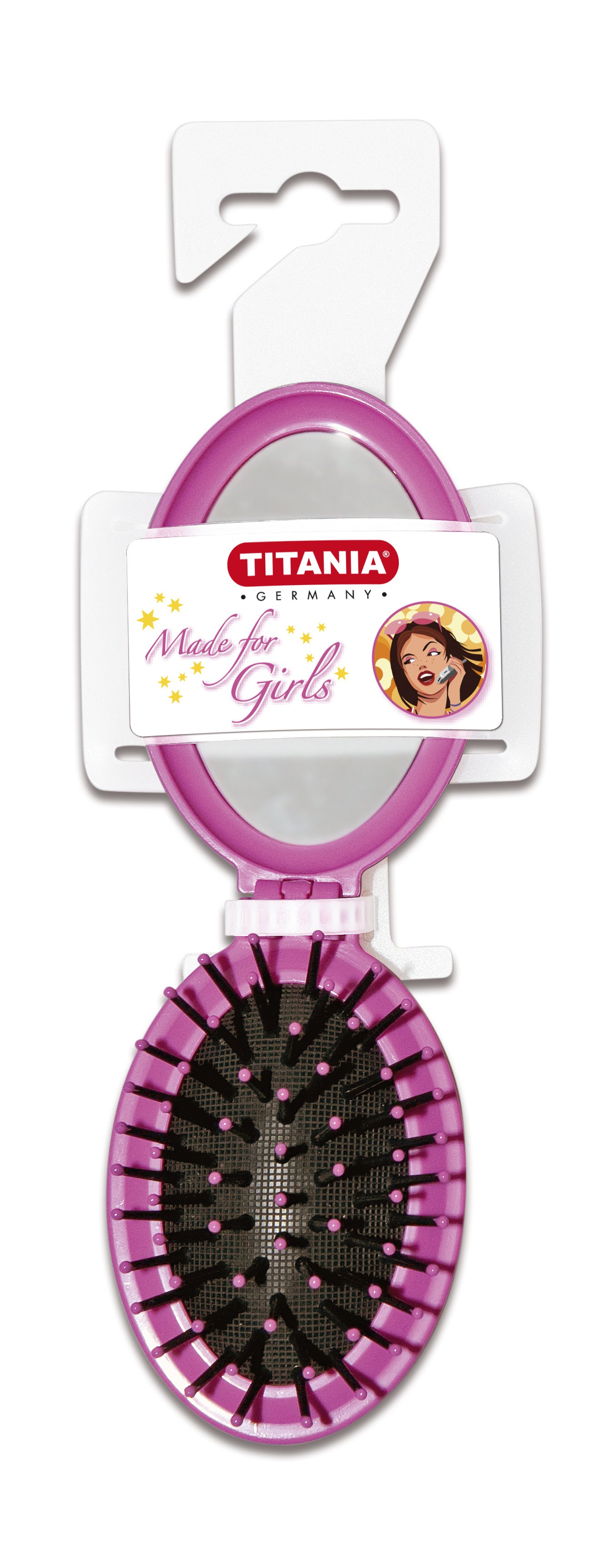 Массажная складывающаяся щетка для волос с зеркалом Titania Girl, 8,5 см, розовый (1774 Girl роз) - фото 1