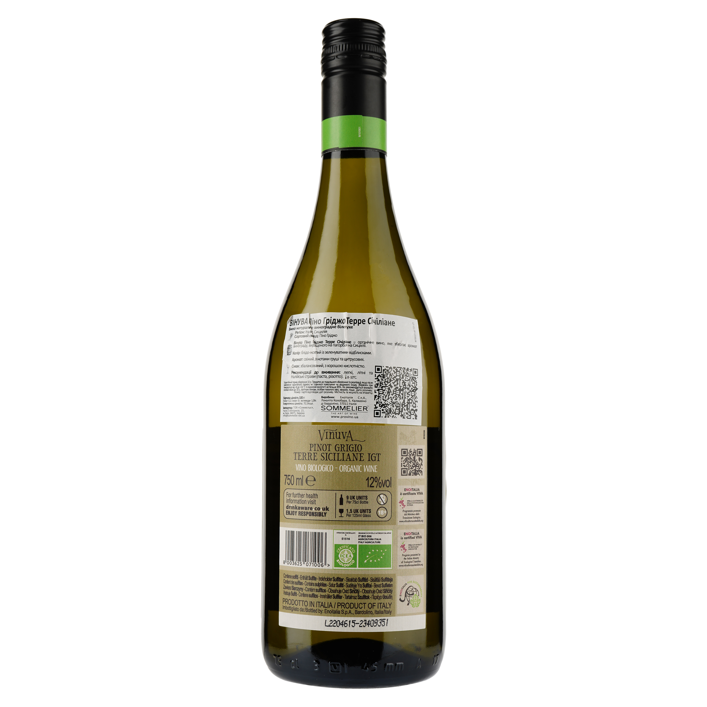 Вино Vinuva Pinot Grigio Terre Siciliane Sicilia Organic, белое, сухое, 0,75 л - фото 2
